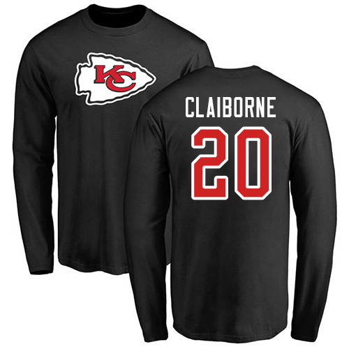 Men Kansas City Chiefs #20 Claiborne Morris Black Name and Number Logo Long Sleeve T-Shirt->nfl t-shirts->Sports Accessory